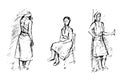 Vector set of three black and white sketches. Girls in clothes.